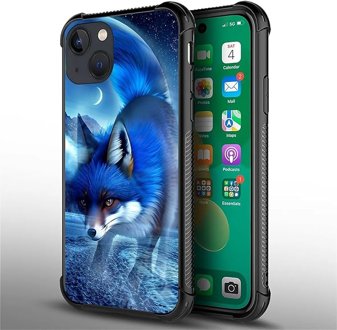for iPhone 14 Plus Case, Snowy Mountain Fox Lake Pattern Graphic Design Girl Boy Soft Silicone Hard Acrylic Shock Protection for iPhone 14 Plus