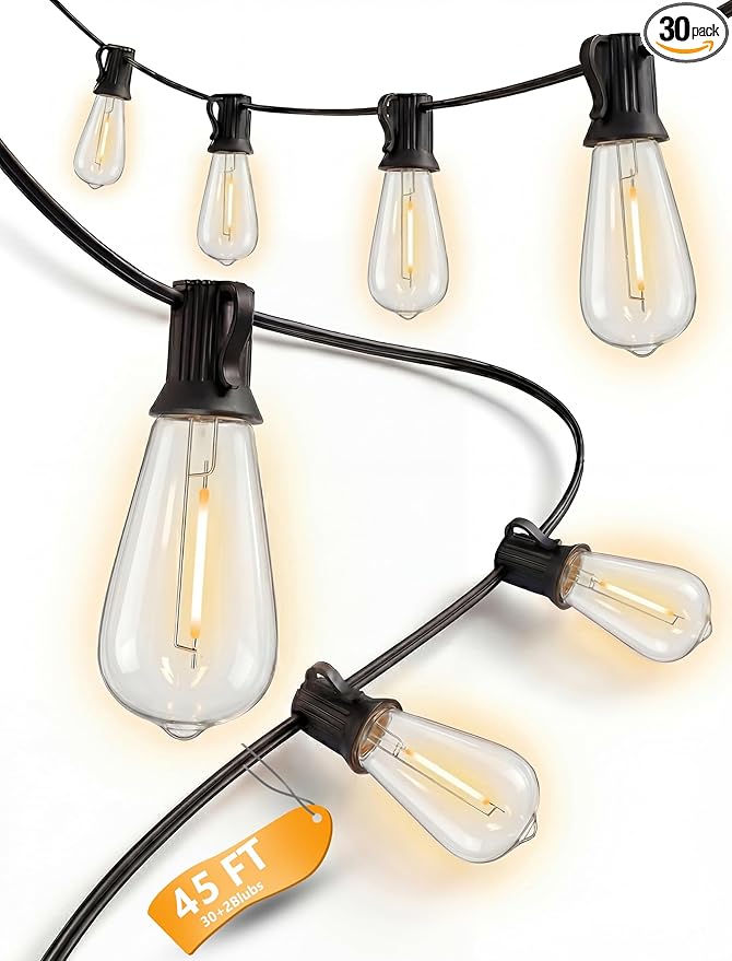 45FT Outdoor String Lights, 30 ST40 Shatterproof Vintage Edison Bulbs, Black Cord Waterproof LED Plug-in Commercial Patio Light, Hanging Decor for Large Backyard Wedding