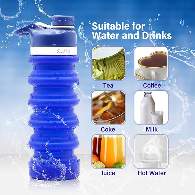 ONTA Collapsible BPA Free Silicone Water Bottle, 20oz - Portable, Leakproof, Easy Clean, Shatter Resistant, Travel Friendly