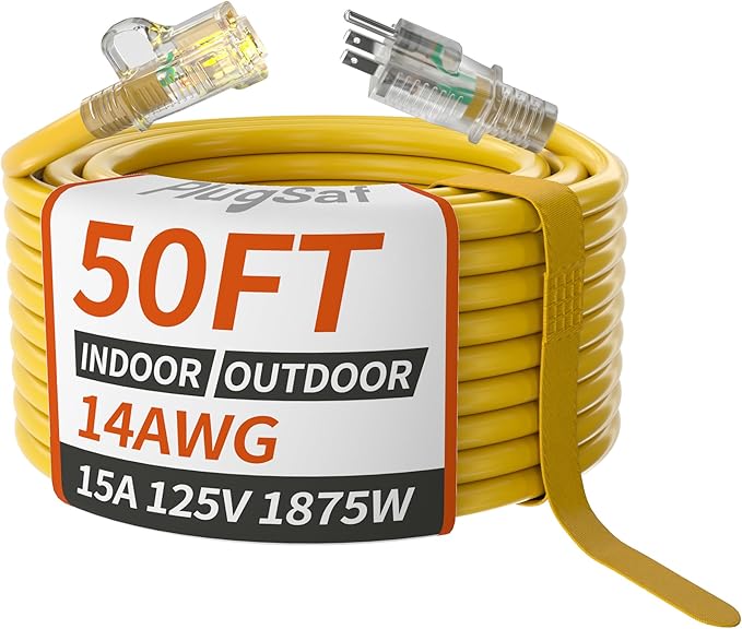 PlugSaf 14/3 Gauge Yellow Outdoor Extension Cord 50 ft Waterproof with Lighted Indicator, Cold Weatherproof -40°C, Flexible 3 Prong Extension Cord Outside,15A 1875W 14AWG SJTW, ETL Listed