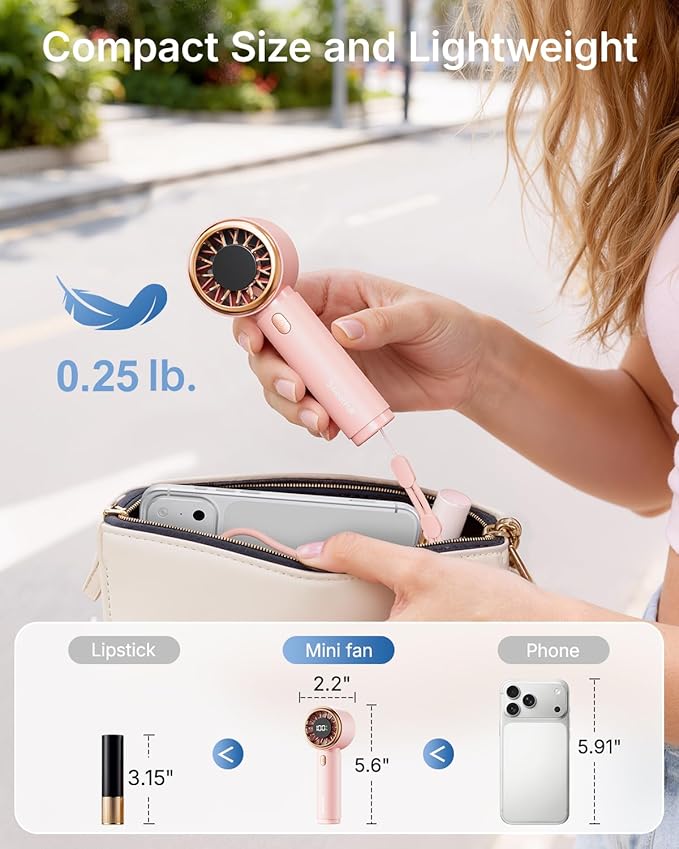 SWEETFULL Mini Fan Portable - Cute Handheld Turbo Fan with Rechargeable Battery, 5 Speeds, Small Hand Personal Travel Essentials for Women, Girls, Kids, Lash, Makeup - Pink