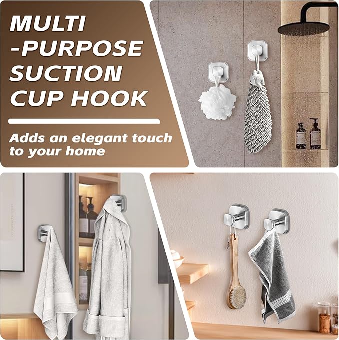 Suction Cup Hooks for Shower Heavy Duty No-Drill– Reusable Multi-Purpose Hooks Adheres to Glass, Mirrors, Tiles & Smooth Surfaces for Towels, Robes, Loofah& Body Sponge (4, Brushed Nickel)