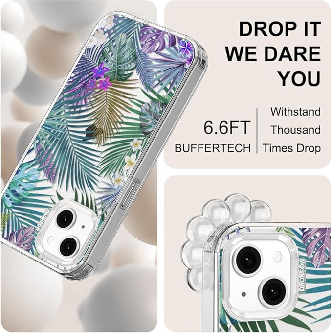 MOSNOVO for iPhone 13/14 Case | Military Grade 6.6ft Drop Tested | Clear with Tropical Rainforests Design