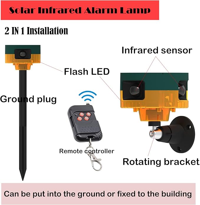 Solar Sensor Security Alarm Lights Outdoor,WONFAST 360° Motion Detector LED Flashing Strobe Light Warning Lamp Built-in 13Sounds,129db Loud Siren Sound for Home Farm Barn Villa Yard (Yellow-1)