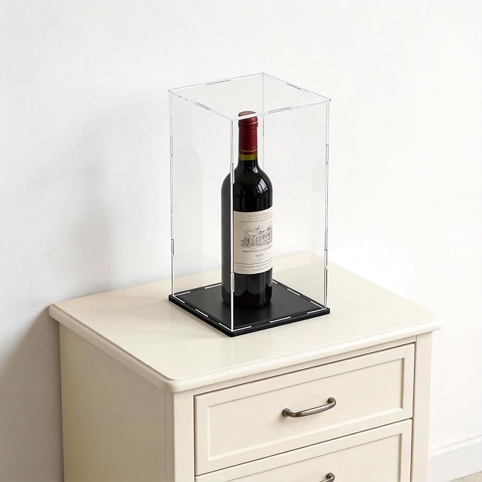 SVENJBB Display Case for Red Vine Bottle, Acrylic Box for Trophy and Toy Figures, Clear Acrylic Display Cases with Matte Black Base for Collection Protection and Storage, 5x5x14 inch