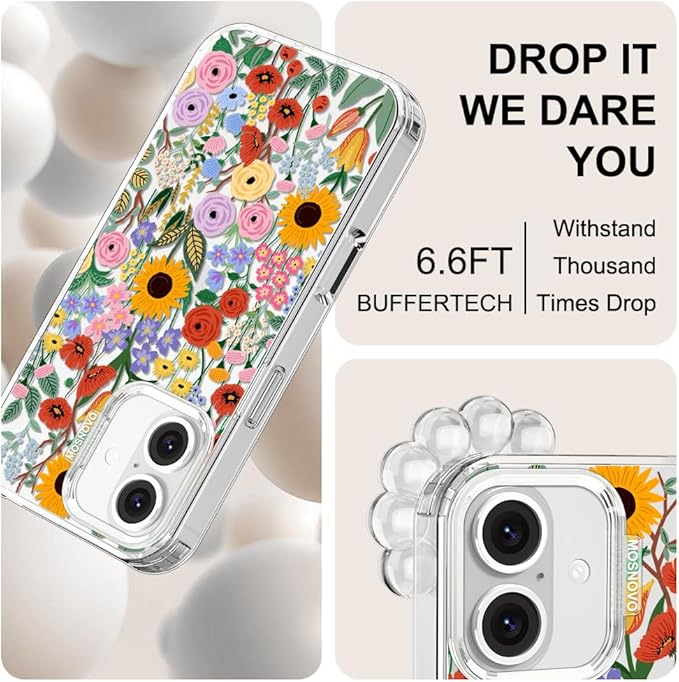 MOSNOVO Case for iPhone 16 Plus, [Buffertech 6.6ft Military-Grade Drop Protection] [Anti Peel Off Tech] Clear TPU Bumper Phone Case Cover Design - Blossom & Bloom