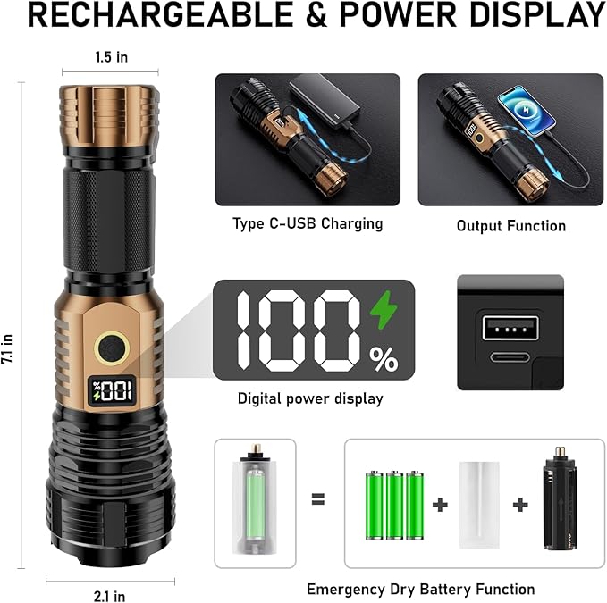 Flashlights High Lumens Rechargeable, 100,000LM LED Super Bright Flash Light, Zoomable Linternas with LCD Digital Display, 5 Mode, Waterproof, Powerful Tactical Flashlight for Emergencies Camping Gift