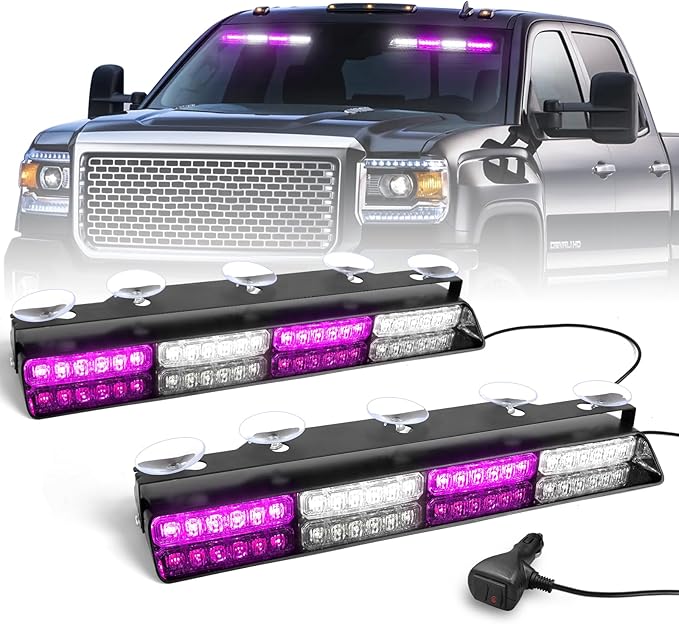HLauto 6Z4J Emergency Dash Strobe Lights: 2x16.8 inch Purple White Safety Lights, 48 LED Flashing Warning Hazard Interior Windshield Visor Traffic Light Bar for Trucks, Construction Vehicles
