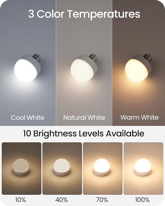 Rechargeable Light Bulbs with Remote Control 4 Packs, Battery Operated Light Bulbs with Timer & 3 Color Temperature, Dimmable Detachable Wireless LED Bulb for Lamp, Non-Hardwired, W01YBP406