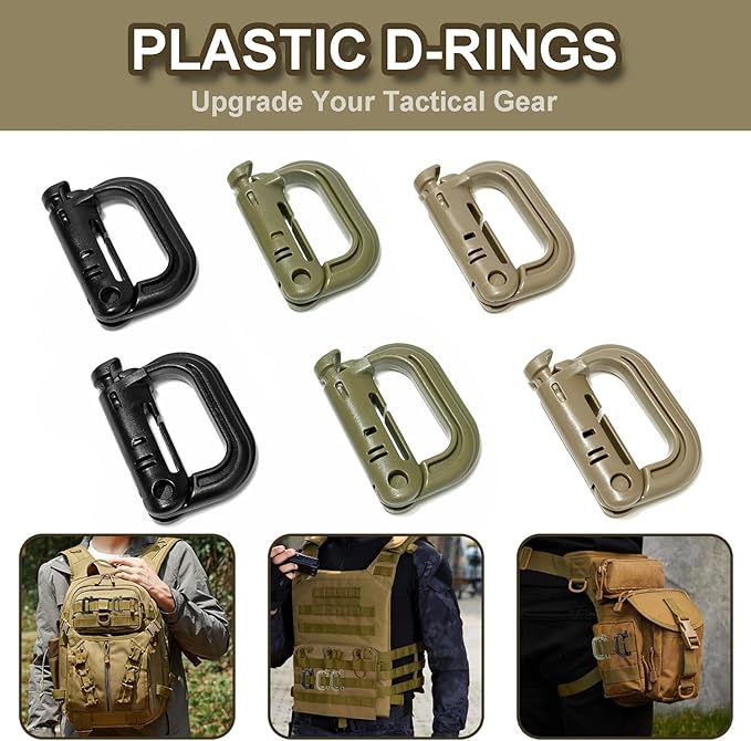 6 Pack 2.12“ Tactical Locking D Ring Plastic Carabiner Backapck Molle Hook Clip for Webbing Straps Bag