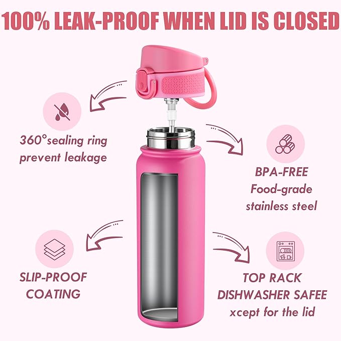 OLDLEY 20 Oz Insulated Stainless Steel Water Bottle For Kids, With Straws Leak-proof, Kids Water Bottles For School Boys Girls,Pink