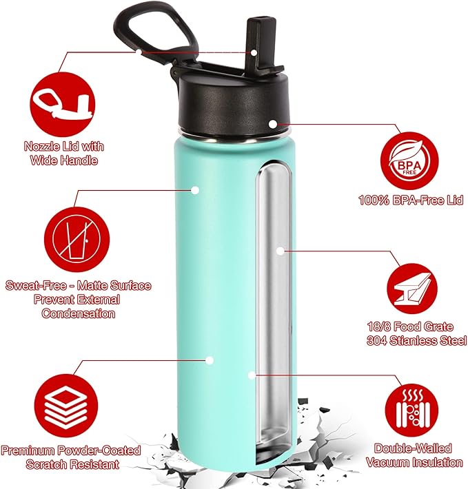 Volhoply 24oz Insulated Water Bottle With Straw Bulk 3 Pack,Metal Wide Mouth Water Bottles With Handle Lid Keep Cold,Reusable Double Wall Cups,Powder Coated Sport Bottle For Holder(Mint,3 Count)