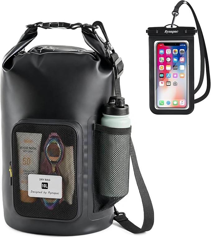 Rynapac 10L Waterproof Dry Bag with Bottle Holder & Mesh Pocket, 500D PVC Tarpaulin Roll Top Dry Sack with Inner Waterproof Adsorption Film, Dry Storage Bag for Kayaking, Boating, Beach, Camping