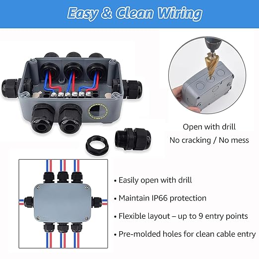 Outdoor Junction Box,Nineleaf IP66 Weatherproof Electrical Project Boxes PVC/ABS Plastic Enclosure Box Universal Watertight 4.9 x 3.3 x 2.3 inch (125x86x62mm), Fit with 20mm Cable Gland Grey