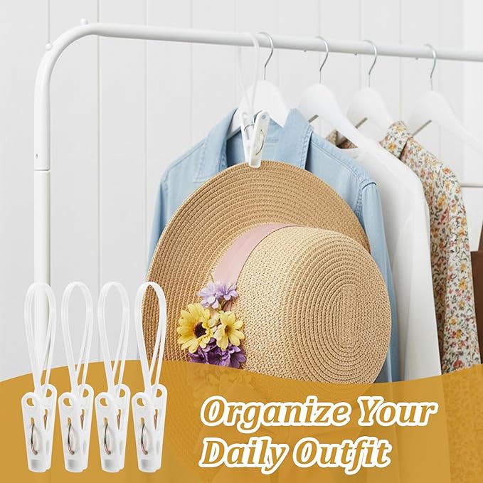 15 Pack Laundry Hooks with Rope, Multi-Purpose Clothes Pins & Hanging Clips for Closet Organizer, Windproof Drying Rack Accessories for Pants, Socks, Bras, Towels, Hats, Baby Clothes (White)