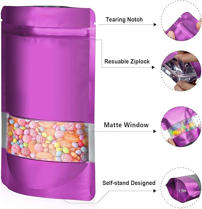 7.1"x10.2" 1 Quart 120pcs Mylar Bags for Food Storage,Smell Proof Bag with Matte Window Resealable Food Storage Bags for Small Business, Stand-up Foil Pouch Packaging Freeze Dried Candy Bag（Purple）