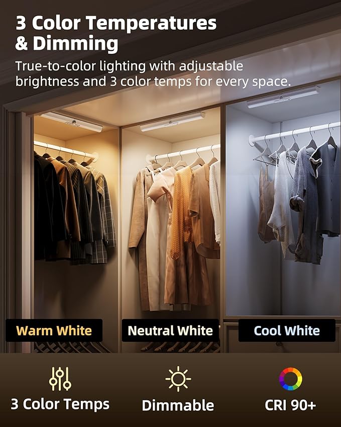 EZVALO 17-Inch LED Motion Sensor Closet Lights, 3600mAh Rechargeable Battery Operated, 150 Lumens No-Glare Curved, 3 Color Temperatures & Dimmable Wardrobe Lights for Pantry & Shelves - 3 Pack