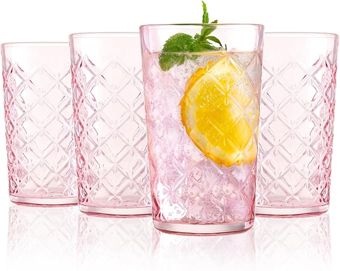 Drinking Highball Glasses Set of 4, Vintage Cross Hatch Glass Cups, 15.5oz Tall Drinking Water Glasses, Dishwasher Safe Pink Glass Tumbler Glassware for Water, Juice, Cocktail, Coffee, Whiskey