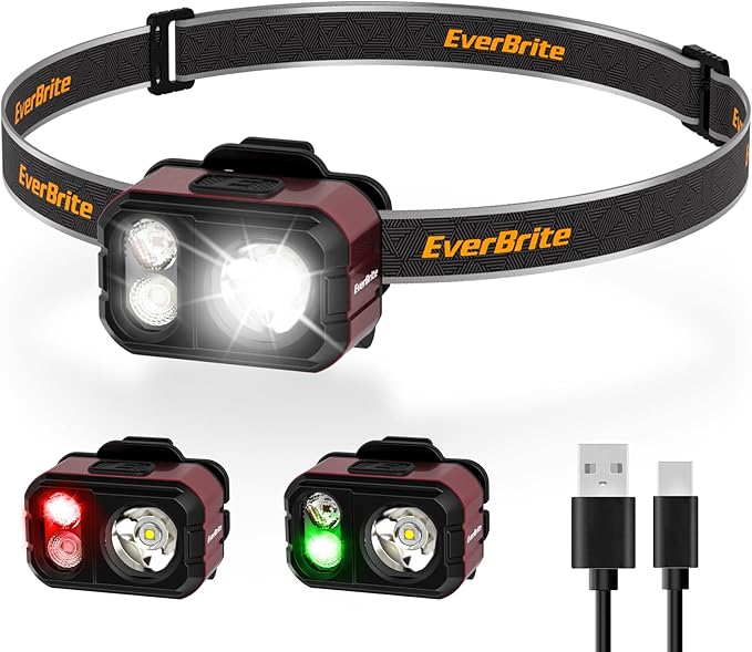 EverBrite 400LM Rechargeable Headlamp, 1.59 oz Lightweight & Comfortable Head Lamp with Hat Clip, IP67 Waterproof, White/Red/Green Light, 7 Modes for Running, Camping and Backpacking-Purple