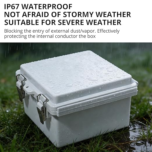 MAKERELE Small Waterproof Electrical Box Outdoor IP67 ABS Plastic Enclosure with Mounting Plate,Hinged Grey Cover,Wall Bracket,Stainless Steel Buckle and 1/4" NPT*2 (5.9"×3.9"×2.7")