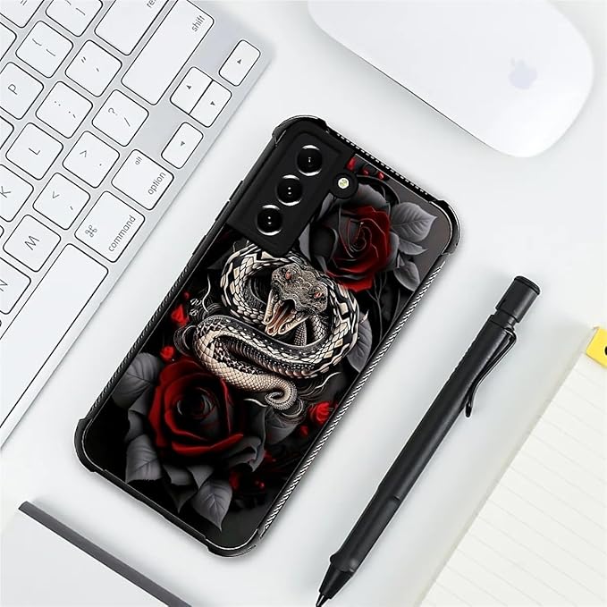 for Samsung Galaxy S22 Case, Entwined Rose Snake Pattern Graphic Design Girl Boy Soft Silicone Hard Acrylic Shock Protection for Samsung Galaxy S22