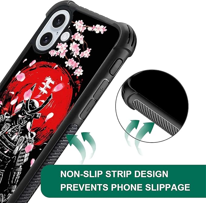 for iPhone 16 Case, Sakura Japanese Samurai Pattern Graphic Design Girl Boy Soft Silicone Hard Acrylic Shock Protection for iPhone 16