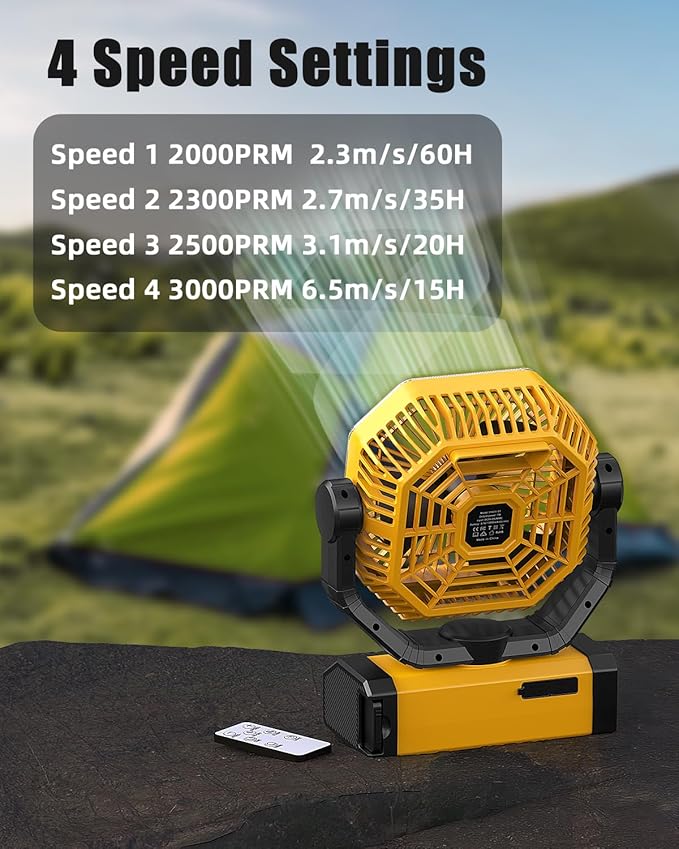 Battery Powered Fan - 9-Inch Rechargeable Fan Portable, 24000mAh(60Hrs) Camping Fans for Tent, Auto Oscillation Cordless, Tent Fans for Camping with Remote/light, 4 Speeds, 4 Timing, Outdoor, Yellow