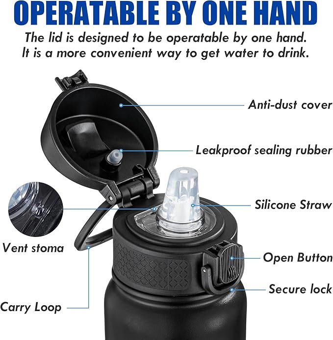 OLDLEY 20 Oz Insulated Stainless Steel Water Bottle For Kids, With Straws Leak-proof, Kids Water Bottles For School Boys Girls, Black