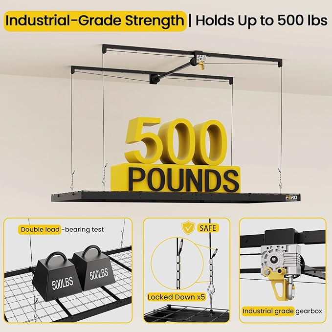 FERO Overhead Garage Storage Rack, 500 lb Capacity, 4x8 FT Garage Ceiling Storage Rack with Safety Lock, Heavy-Duty Ceiling Mounted Lift System, Drop-Down Garage Ceiling Organizer