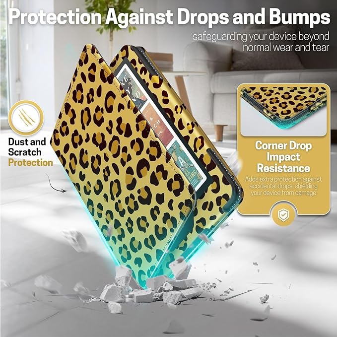 TNP Stand Case for Kindle Paperwhite 12th Generation 2024 / Kindle Colorsoft Signature Edition with Hand Strap & Card Slot - 7" PU Leather Protective Folio Cover with Auto Wake/Sleep, Leopard Yellow