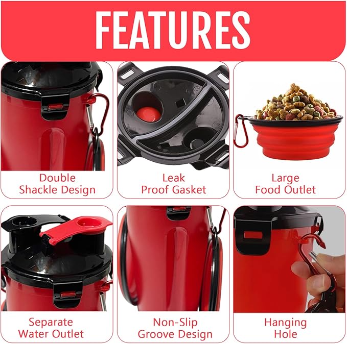 Dog Travel Water Bottle W/Collapsible Bowls - Portable 2 in 1 Leakproof Pet Water Bottle Food Container Ideal for Travel, Outdoor Portable Water Bowls for Walking, Camping & Hiking - (Red)