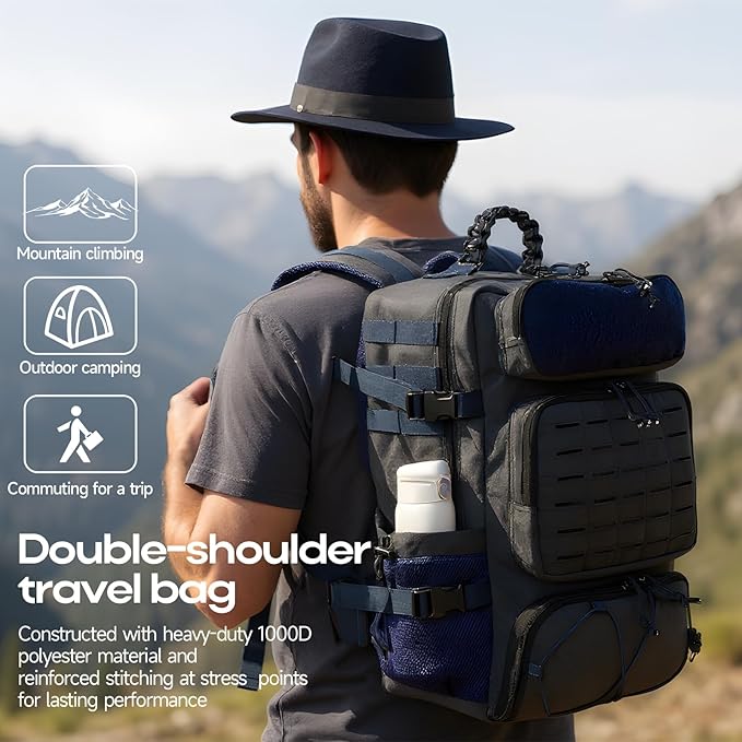 Tactical Backpack for Men, Military Backpack with Shoe Compartment, Travel Hiking Hunting Gear Bag with Molle System, Blue