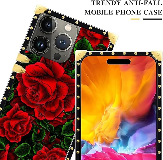 Compatible with iPhone 15 Pro Case, Vector Red Rose Green Leaf Luxury Golden Decoration for Girl Women Soft TPU Shockproof Protective Hard PC Back for iPhone 15 Pro