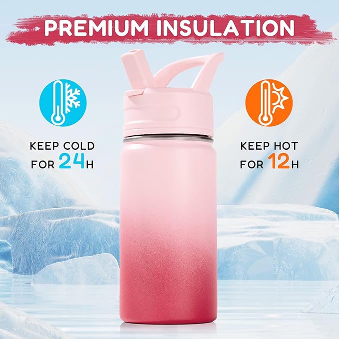 Fijinhom 12oz Kids Water Bottle for School, Toddler Bottles with Straws, Stainless Steel Vacuum Insulated Water Bottle for Boys&Girls, Leak-Proof, BPA-Free, Cherry