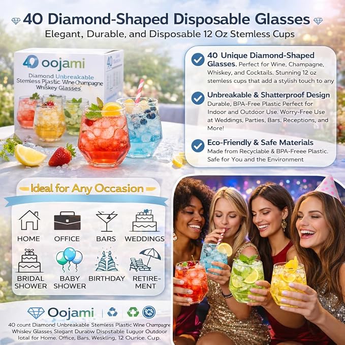 Oojami 40 count Diamond 12 Ounce Cups Unbreakable Stemless Plastic Wine Champagne Whiskey Glasses Elegant Durable Disposable Indoor Outdoor Ideal for Home, Office, Bars, Wedding (Clear)