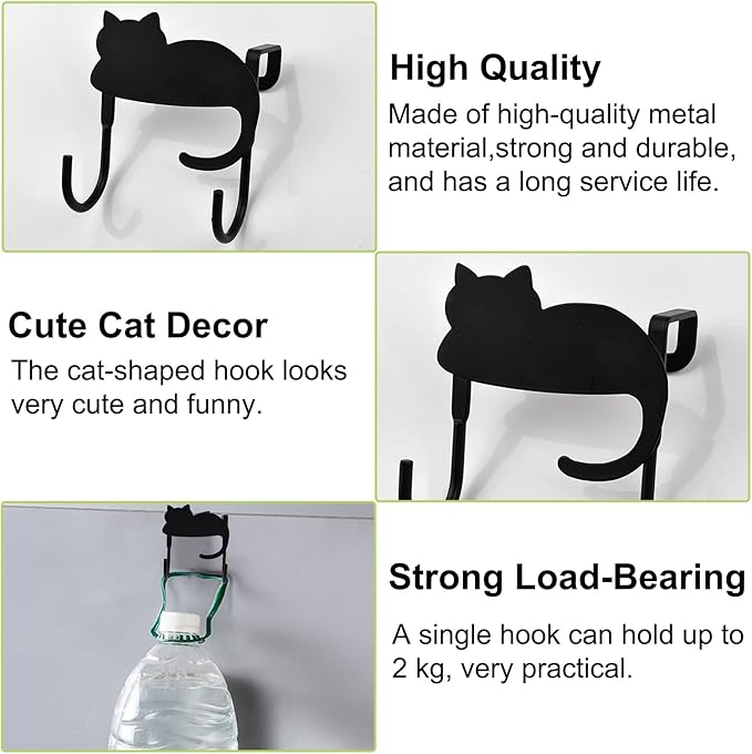 Over Cabinet Door Hooks, 3Pcs Iron Over Door Double Hooks Decorative Cat Over The Cupboard Drawer Hooks Multi-Purpose Hooks for Kitchen Bathroom Bedroom (Black)