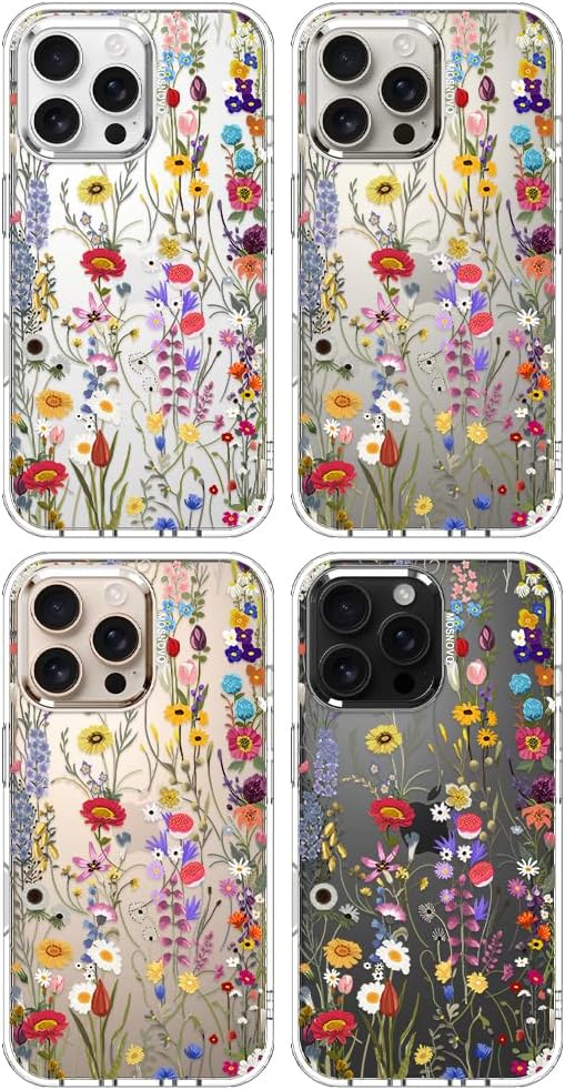 MOSNOVO Case for iPhone 16 Pro Max, [Buffertech 6.6ft Military-Grade Drop Protection] [Anti Peel Off Tech] Clear TPU Bumper Phone Case Cover Design - Wildflower Meadow
