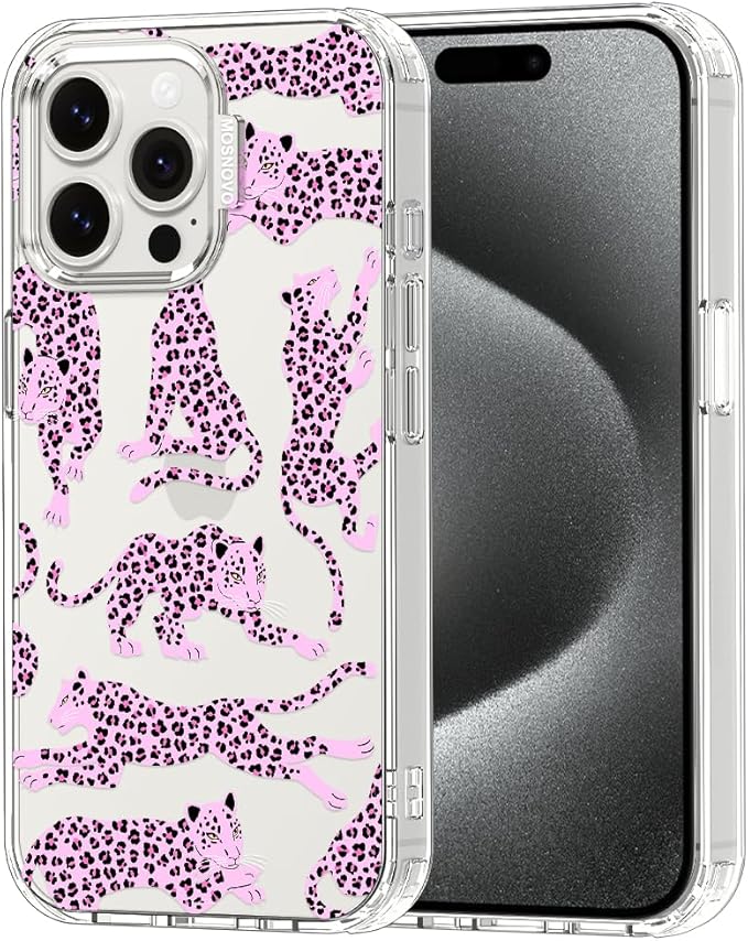 MOSNOVO Case for iPhone 15 Pro Max, [Buffertech 6.6ft Military-Grade Drop Protection] [Anti Peel Off Tech] Clear TPU Bumper Phone Case Cover Design - Pink Leopard