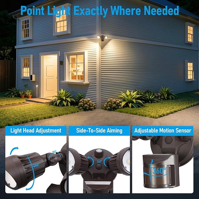 LEONLITE COB LED Security Light, Motion Sensor Outdoor Lights, Dusk to Dawn, 100-277V, ETL Listed, Adjustable Heads, Motion Detector Flood Light, Aluminum, IP65 Waterproof, 3000K Warm White, Bronze