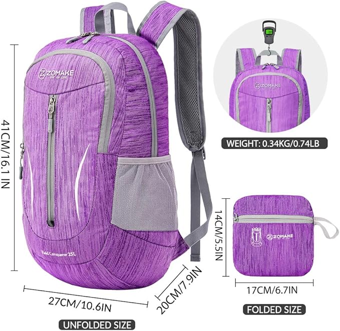 ZOMAKE 25L Ultra Lightweight Packable Backpack, Foldable Hiking Backpacks Water Resistant Small Folding Daypack for Travel(Purple)