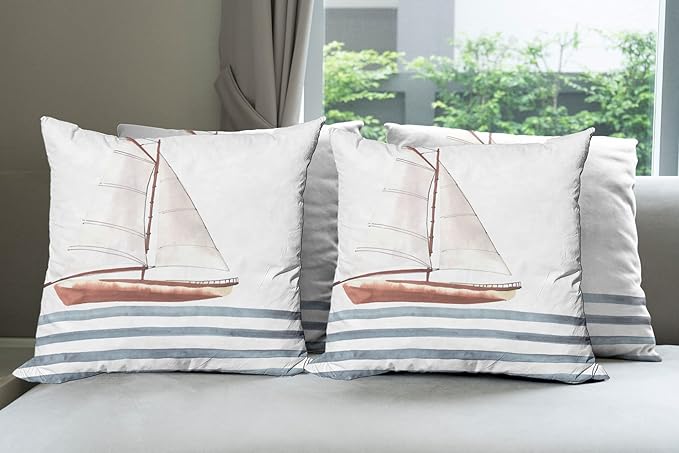 Ambesonne Nautical Throw Pillow Cushion Case Pack of 4, Let Your Dreams Sail Words with Boat in Waves Motivation Lifestyle Print, Modern Accent Double-Sided Digital Printing, 16", Cinnamon Blue