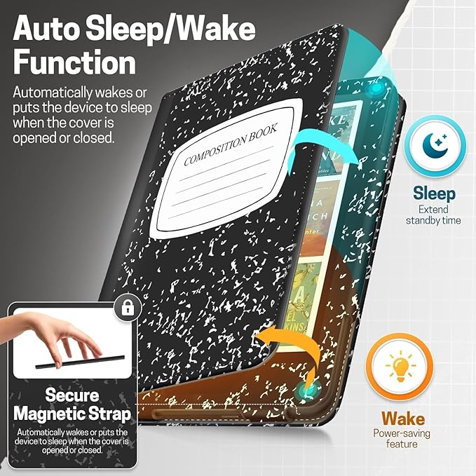 TNP Stand Case for Kindle Paperwhite 12th Generation 2024 / Kindle Colorsoft Signature Edition with Hand Strap - 7" PU Leather Protective Folio Cover with Auto Wake/Sleep, Composition Book Black