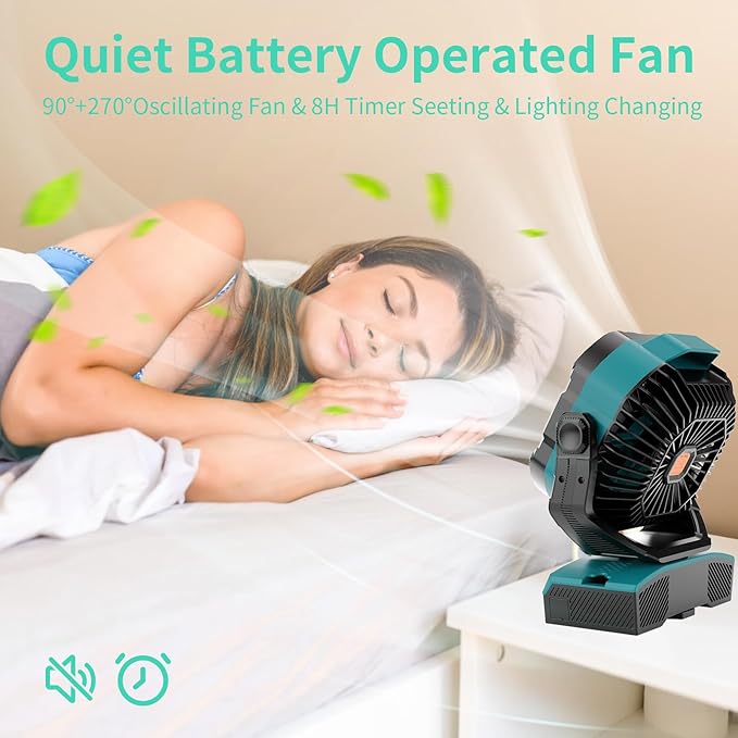 WESTTREE Camping Fan Portable 20000mAh Oscillating Battery Powered Fan Rechargeable Camping essentials Tent Light Hook 270° Pivot Battery Operated USB Desk X68 Cyan