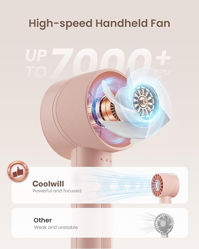 Portable Mini Handheld Turbo Fan, 4 Speed High Velocity Personal [Max 16H Cooling Time], Rechargeable Purse Travel Essentials for Vacation/Beach/Trip - Pink