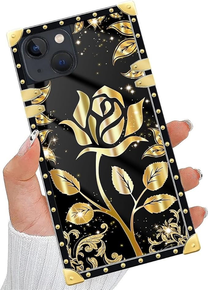 Compatible with iPhone 13 Case, Shine Gold Rose Luxury Golden Decoration for Girl Women Soft TPU Shockproof Protective Hard PC Back for iPhone 13