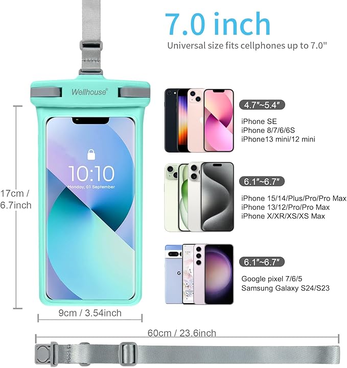 wellhouse Waterproof Phone Pouch, Waterproof Phone Case for iPhone 17 16 15 14 13 Pro Max XS Samsung, IPX8 3D Cellphone Dry Bag Beach Essentials (1 Pack - Crystal Green7.0, 7 inch)