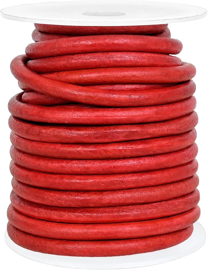 GENIQUE Real/Genuine Round Leather String Cord for Necklace, Bracelets, Jewellery, Braiding (Red Distressed, 4mm)