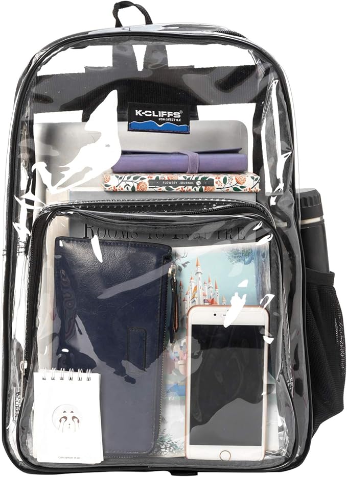 K-Cliffs Large Transparent Backpack Clear Heavy Duty School Bag Durable Student Bookbag See Through Vinyl Daypack Workbag