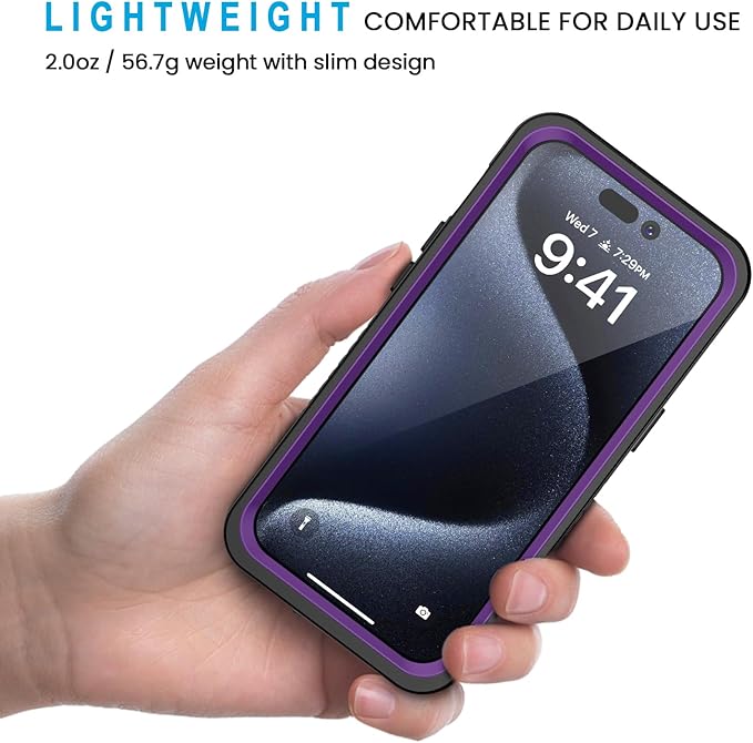 Lanhiem for iPhone 15 Pro Case, IP68 Waterproof Dustproof Shockproof Cases with Built-in Screen Protector, Full Body Sealed Protective Front and Back Cover for iPhone 15 Pro - 6.1 inch (Purple)
