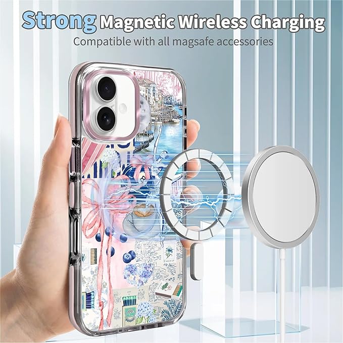 Case for iPhone 16 Plus,[Compatible with MagSafe],Pink Bow Girly Coquette Collage Phone Case Design，for Women Girls Magnetic Clear Cover - Slim, Sleek, & Shockproof Protection